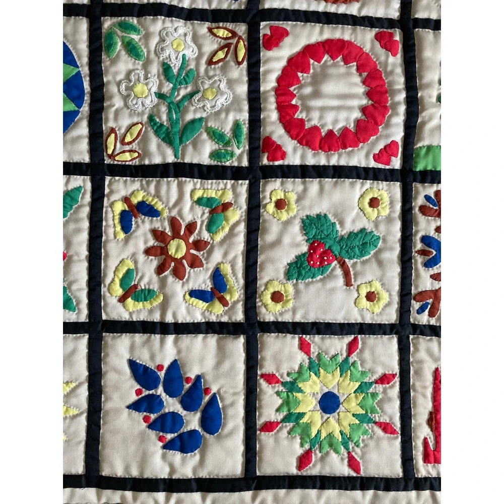 Vintage 1985 Handmade Sampler Album Quilt Applique Hand Quilted Rare 40x40